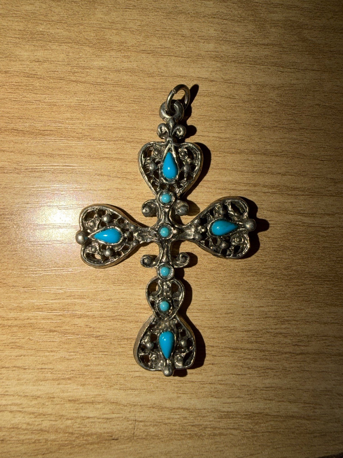 Vintage Silver Tone Roma Ornate Filligree Cross Faux Turquoise Cross Pendant