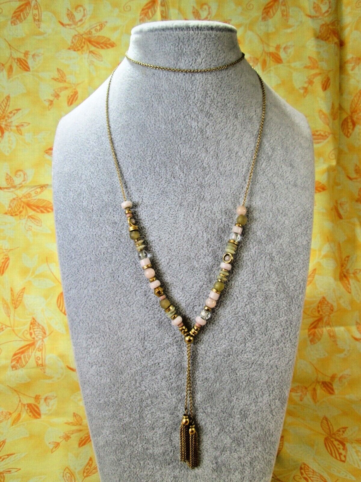 Vintage Ball Slide Bolo Lariat Necklace Gold Tone 34″ Adjustable / Beaded / Y