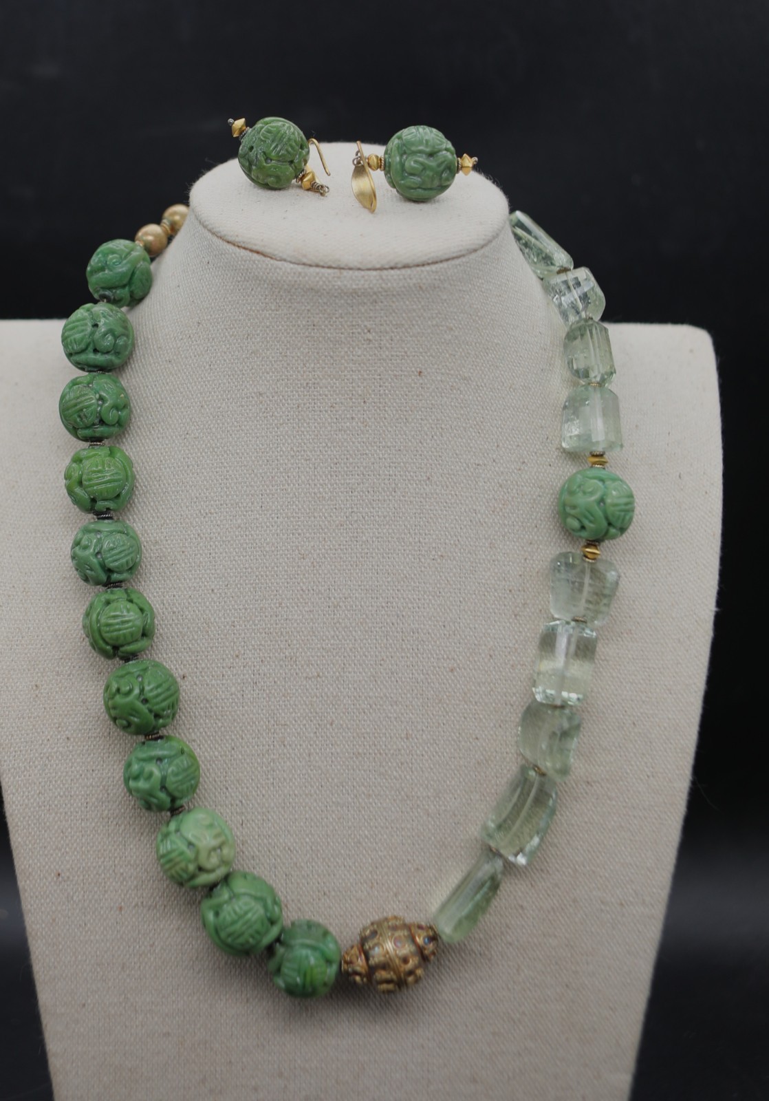 Vintage Chinese Carved Turquoise Shou Beads Necklace & Earrings Gold Vermeil 925