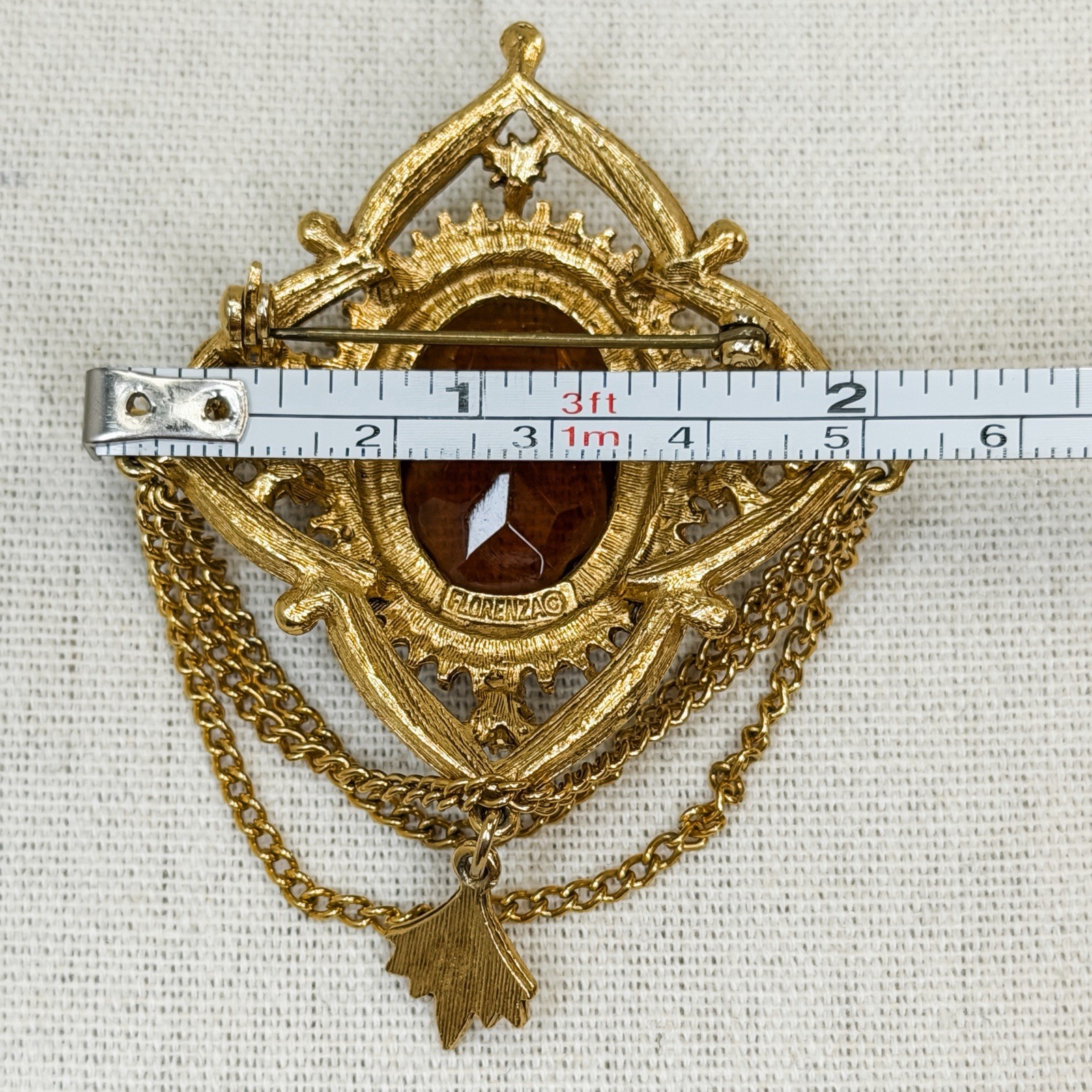 Vintage Florenza Victorian Shield Brooch & Earrings Set Gold Amber Pearl Glass