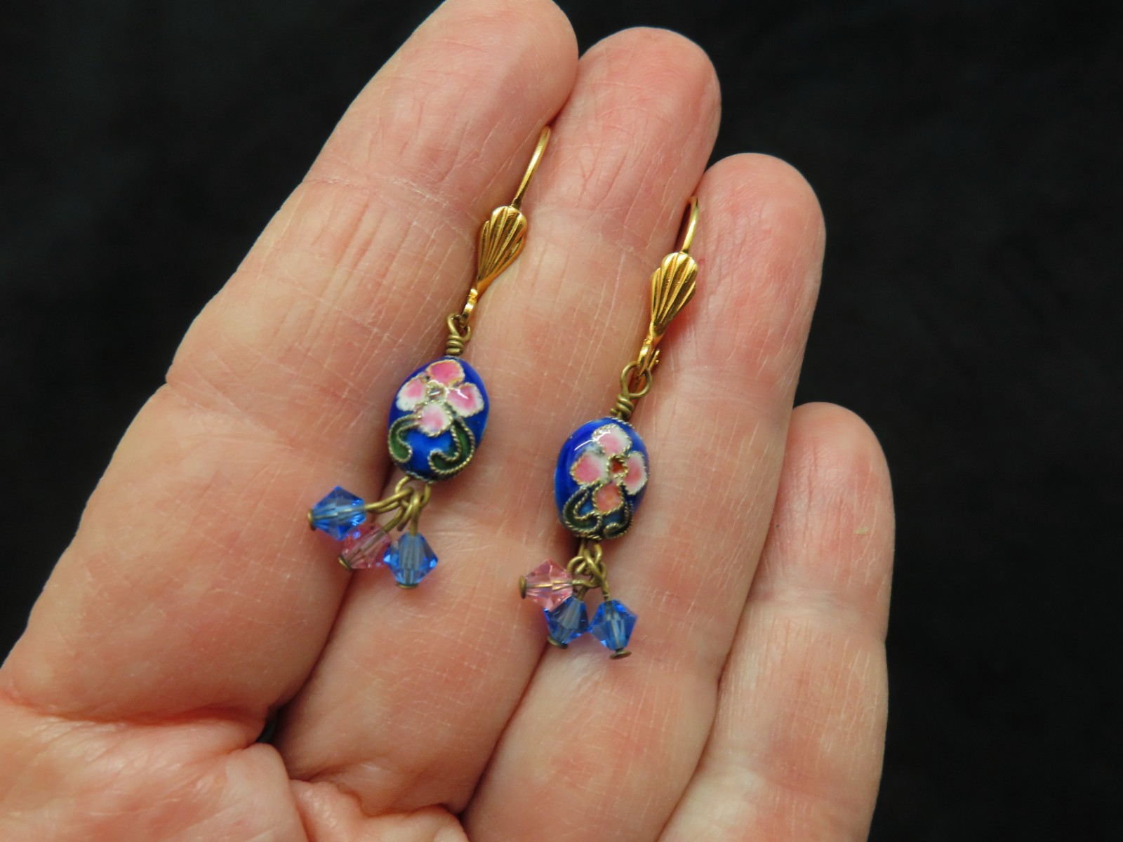 Vintage 1990’s Cloisonne Dangle Crystal Bead Pierced Earrings