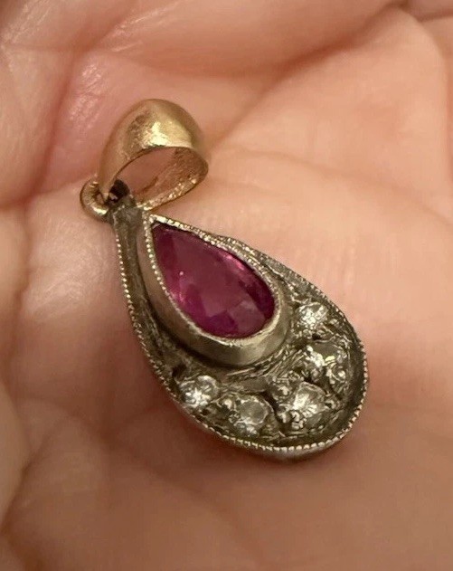 Antique Old Mine Rose Cut Diamond 14K Gold and Silver pendant Ruby Center Stone