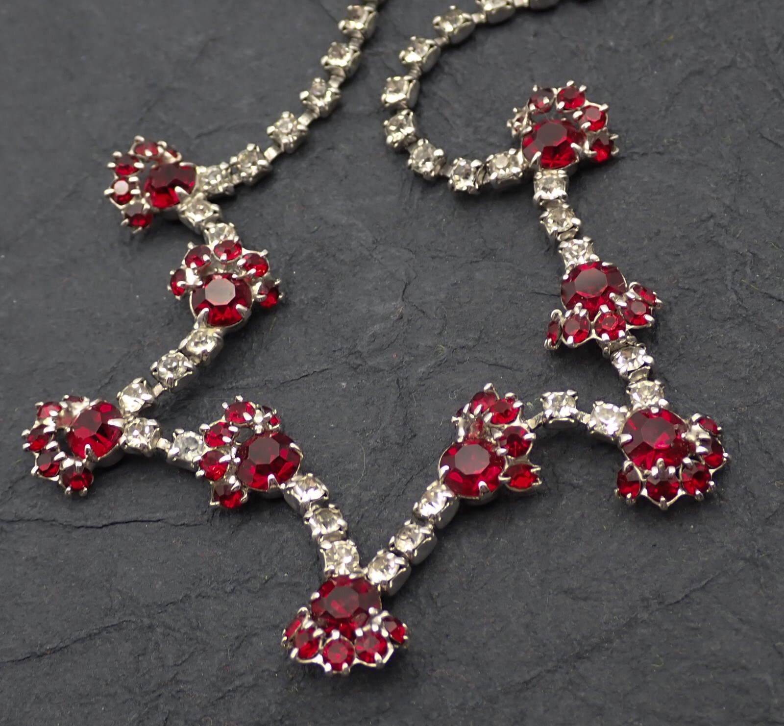 Vintage Red Clear Rhinestone Cluster Drop 16″ Adj Swag Necklace