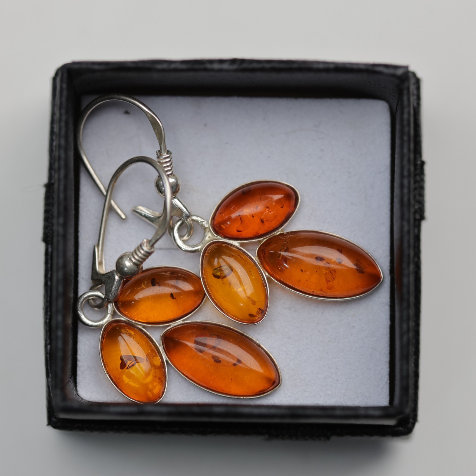 Amber Triple Tear Drops Gemstone Earrings Sterling Silver