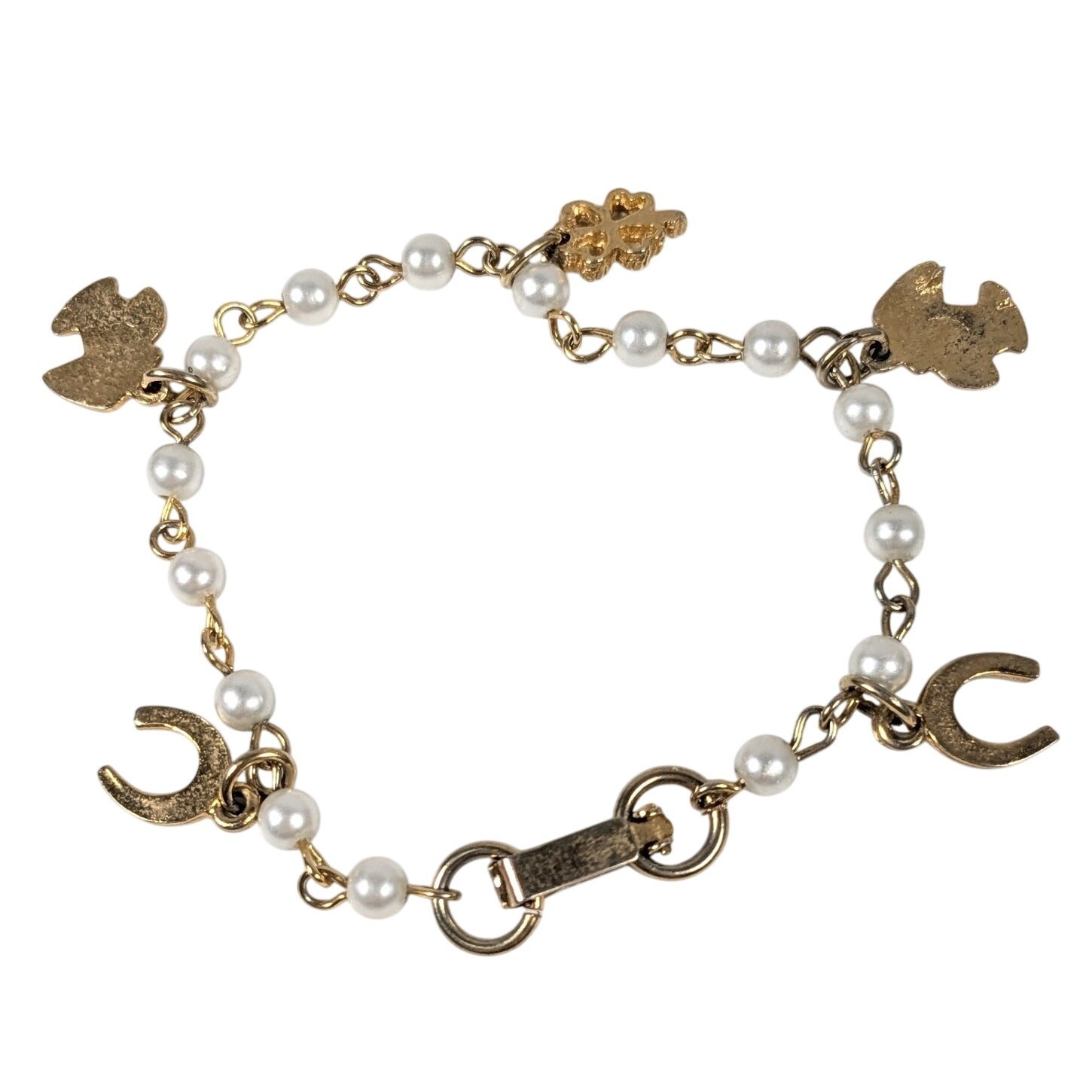 Vintage Mushroom Horseshoe Four Leaf Clover Enamel Lucky Charm Bracelet 6.5in