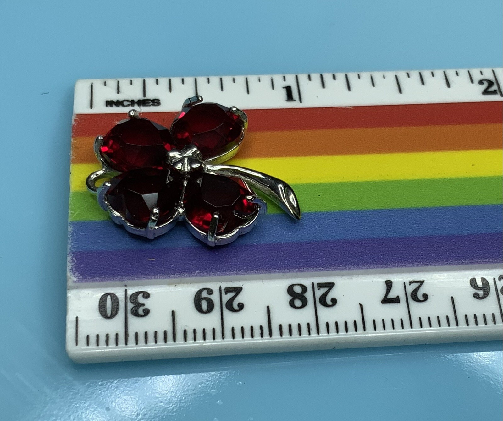 Vintage Sterling Silver- Four Leaf Clover Lucky Charm w/ Red Rhinestone Hearts
