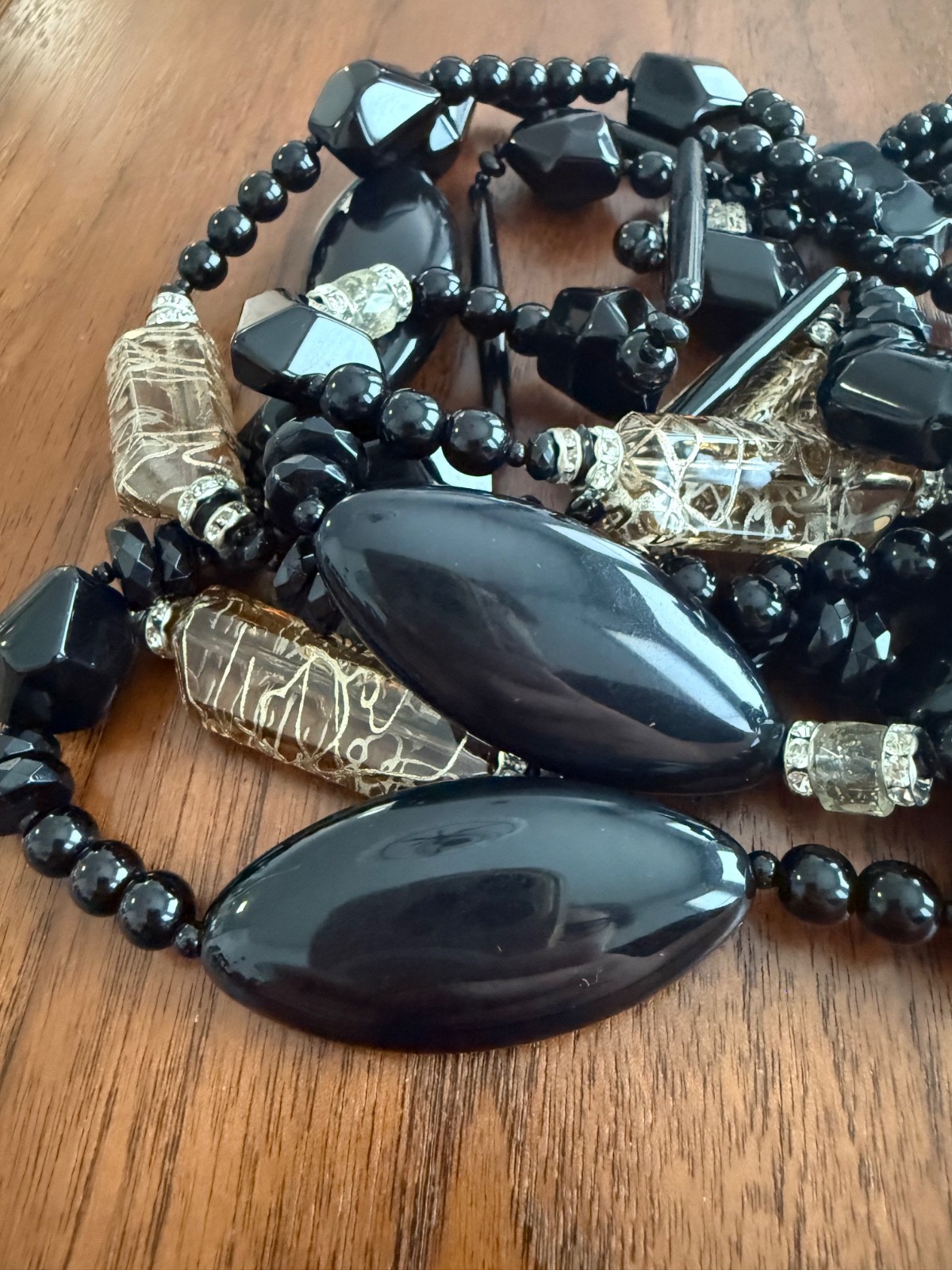 Angela Caputi Black & Clear Taupe Resin & Rhinestone Statement Necklace 21”