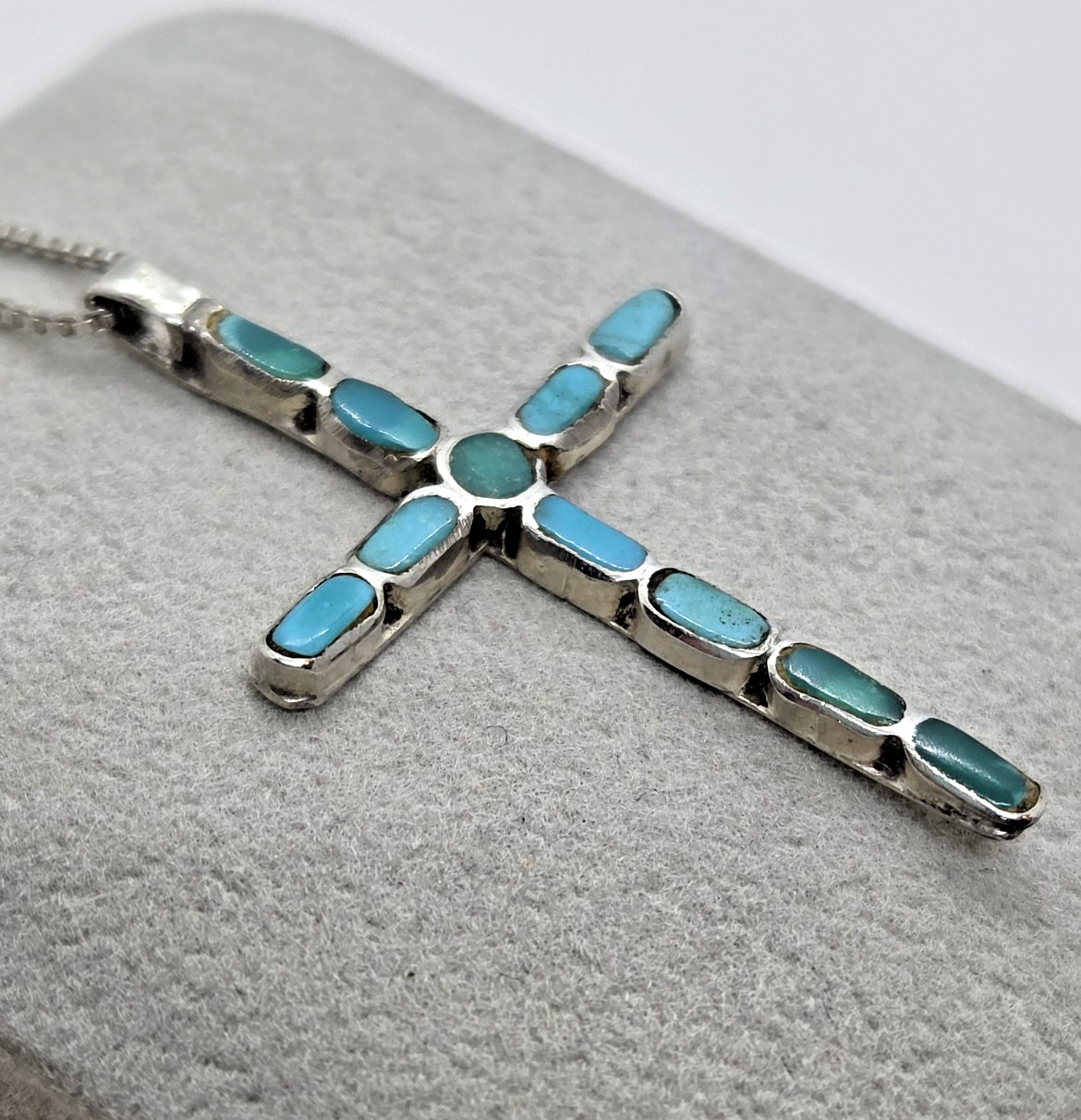 Vintage Handcrafted Native Silver Inlay Turquoise Cross 1.5″ Chain Necklace 18″