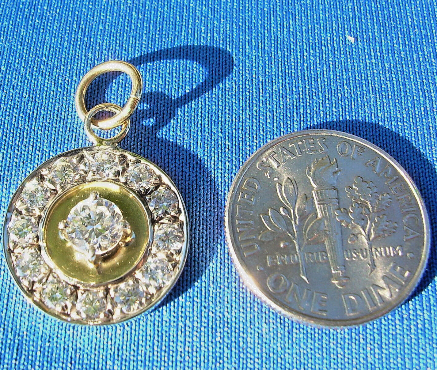 Original EARTH MINED DIAMOND Deco Pendant Vintage Halo SOLID 14K GOLD Medallion