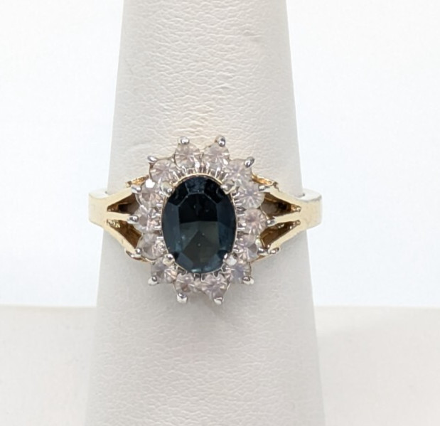 VTG ESPO 14k GE Blue Topaz Glass Prong Set Halo Ring Gold Tone Size 7