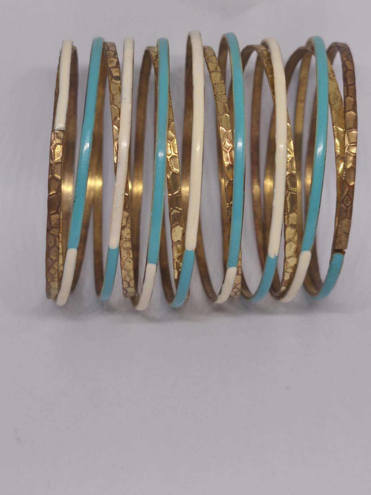 Vintage Copper Brass Bangle Bracelet Set Turquoise White Enamel Stackable Boho