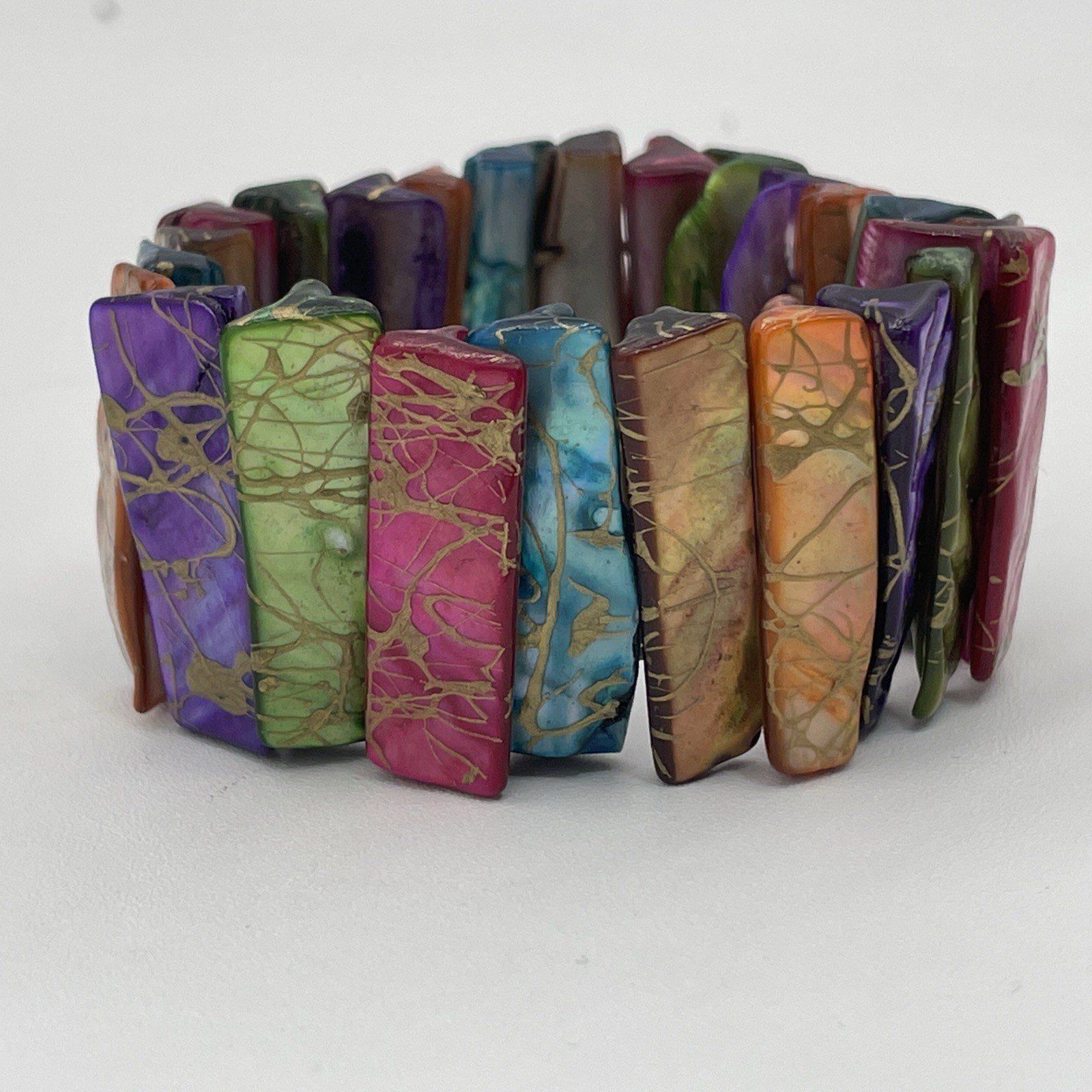 Vintage Stretch Bangle Bracelet Iridescent Multicolor With Gold Accents