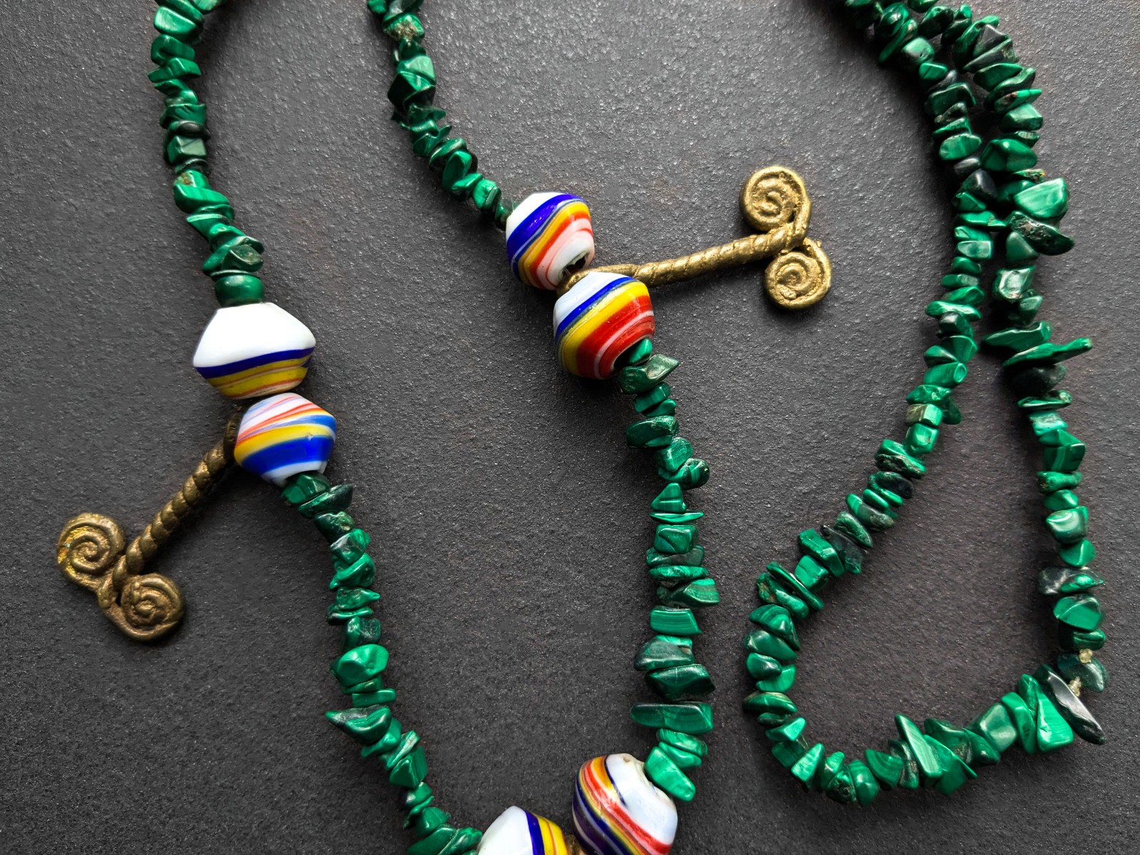 Vintage African Malachite Beaded Necklace Brass Mask Pendant Gift for Men