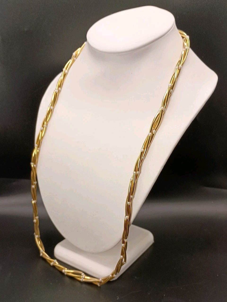 Vintage Gold Tone Bar Link Necklace Multi Strand Twist Seed Pearl 29″