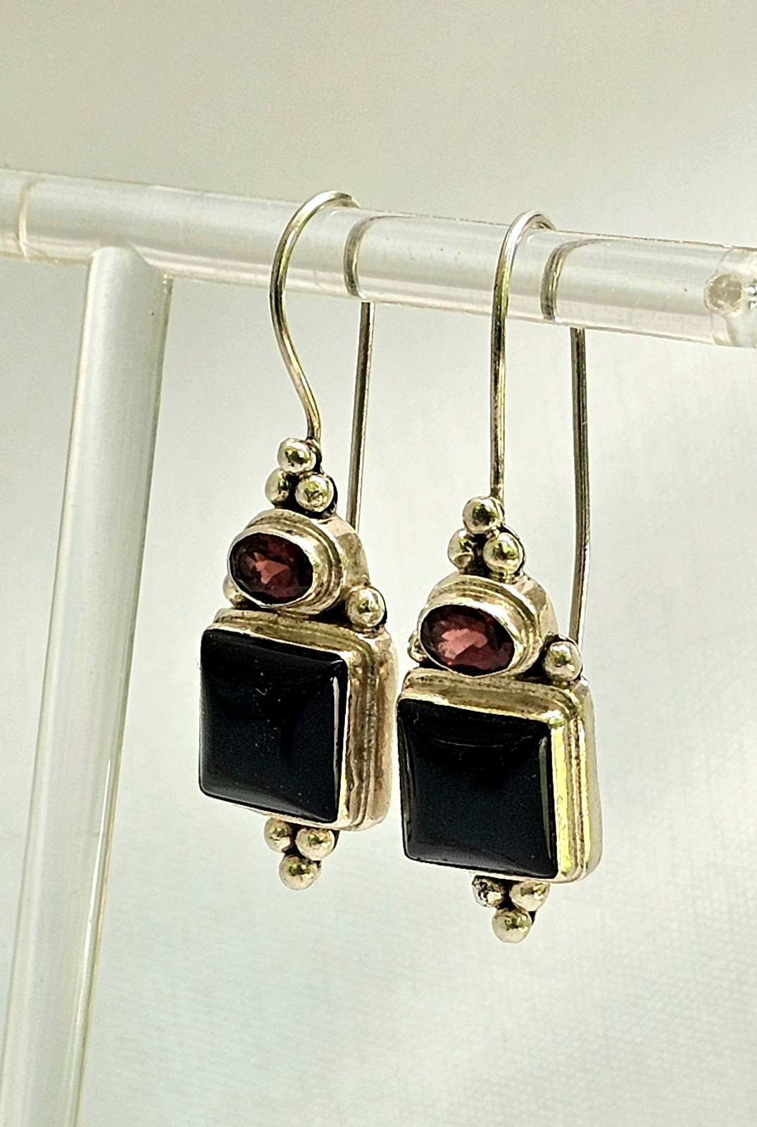 Sterling Silver Black Onyx Garnet Hook Pierced Earrings Gemstone Jewelry 1 1/2″