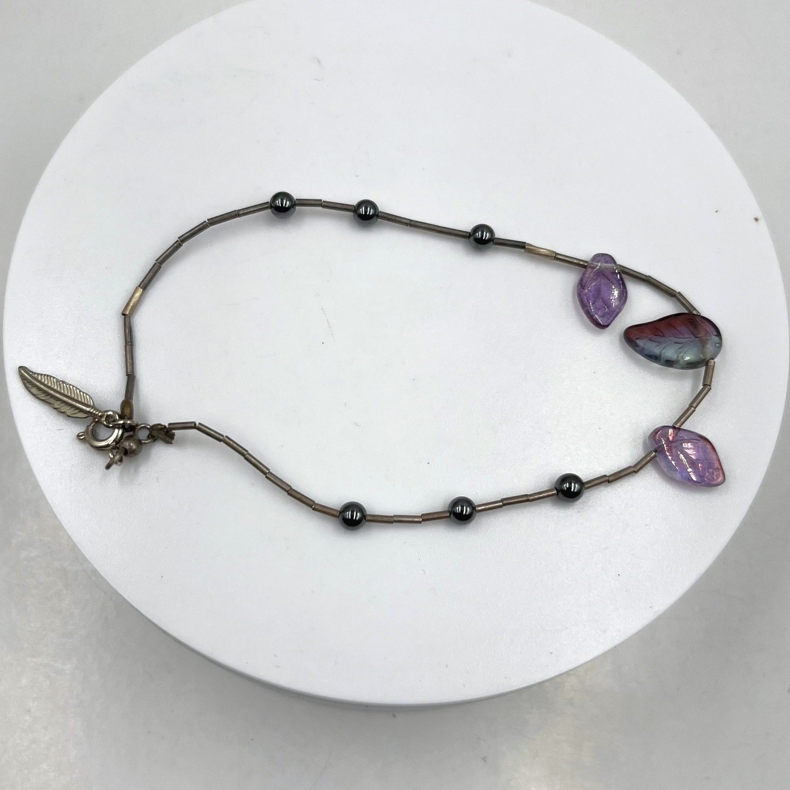 Vintage Liquid Silver Bead Bracelet Hematite Purple Glass Leaves Feather Charm
