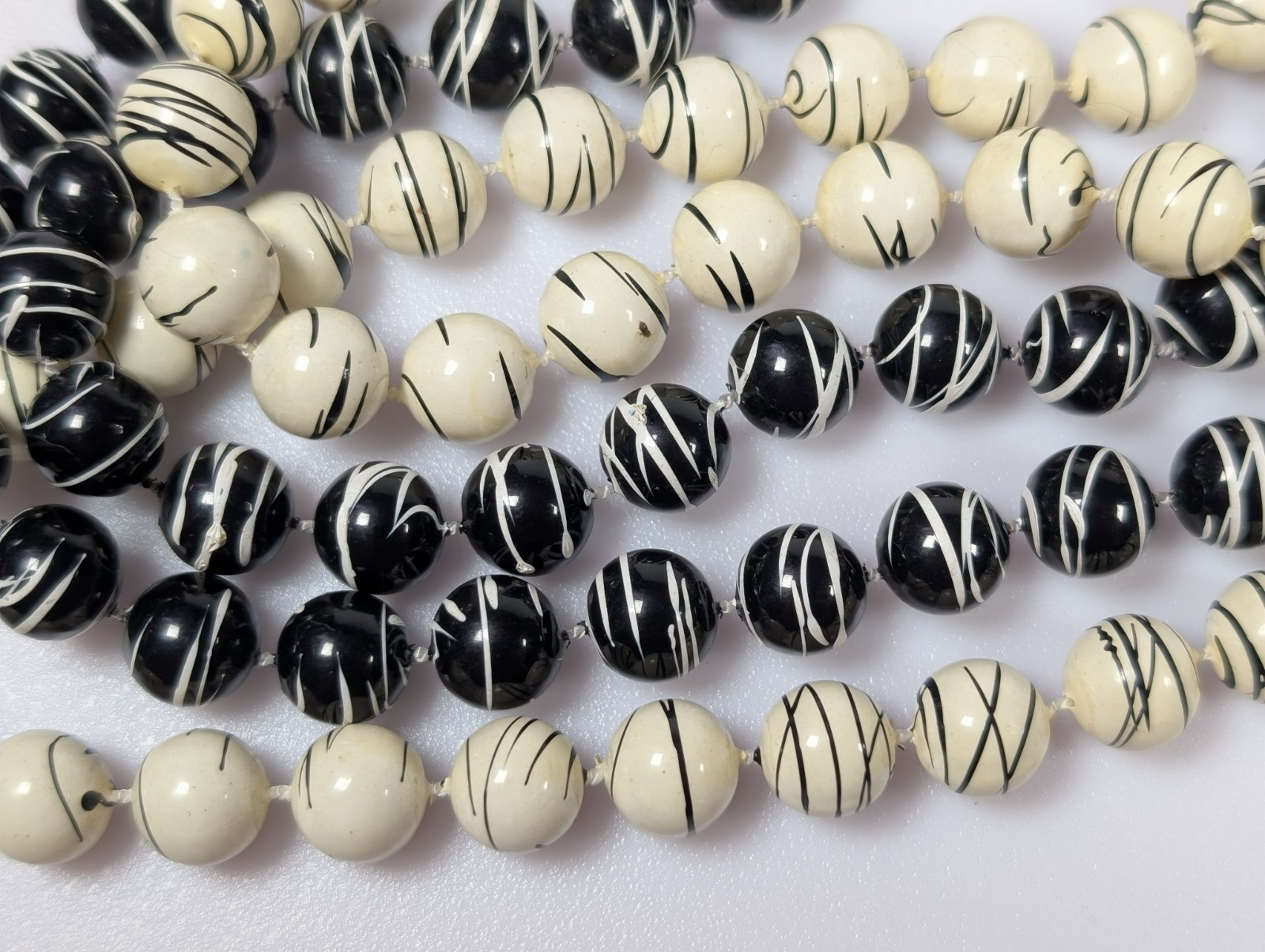Vtg Black and White Paint Splatter Long Beaded Necklace LOT 54″ each