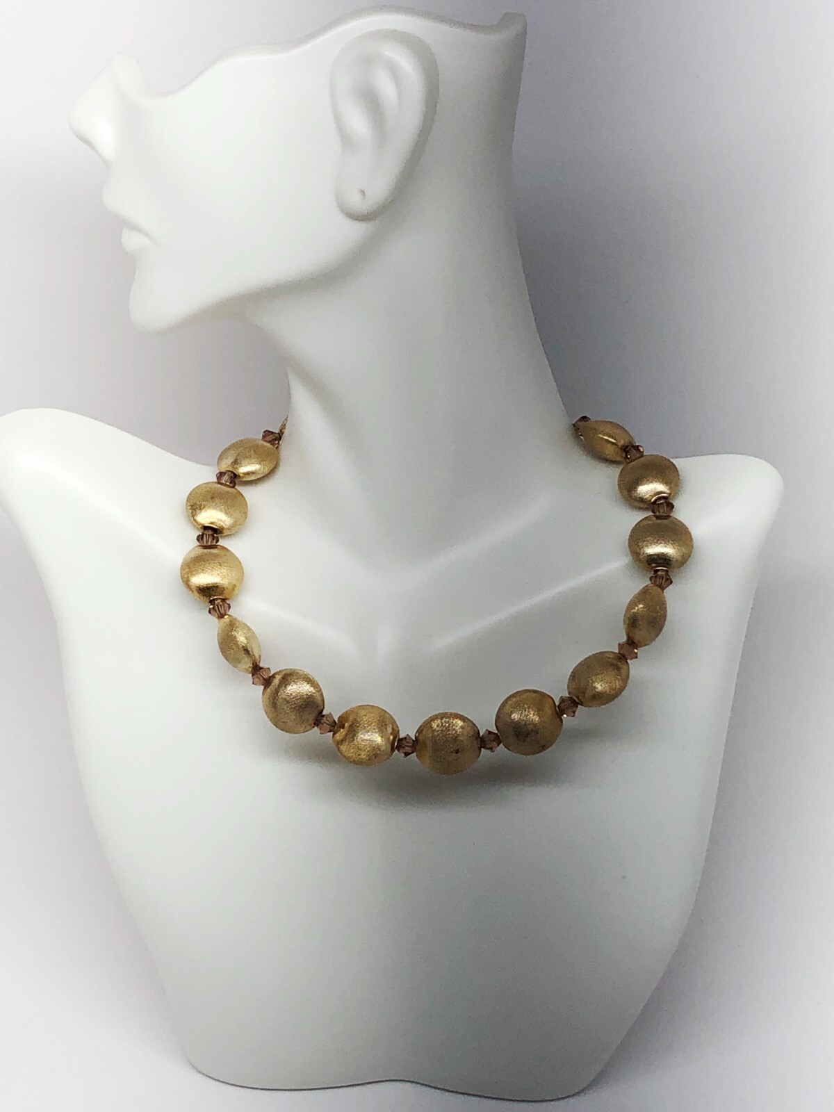 rare Vtg 60s House of Joy NYC Neck Wire Necklace gold tone satin Metal beads