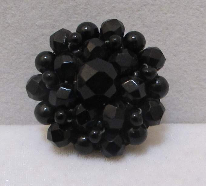 Vtg Black Faceted & Round Glass Beads Cluster Brooch No Metal on Front