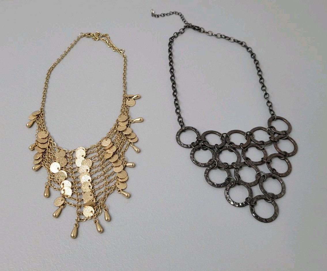 2 Vintage Bib Necklaces Gold Tone Dark Ring Charm Dangle Statement Jewelry