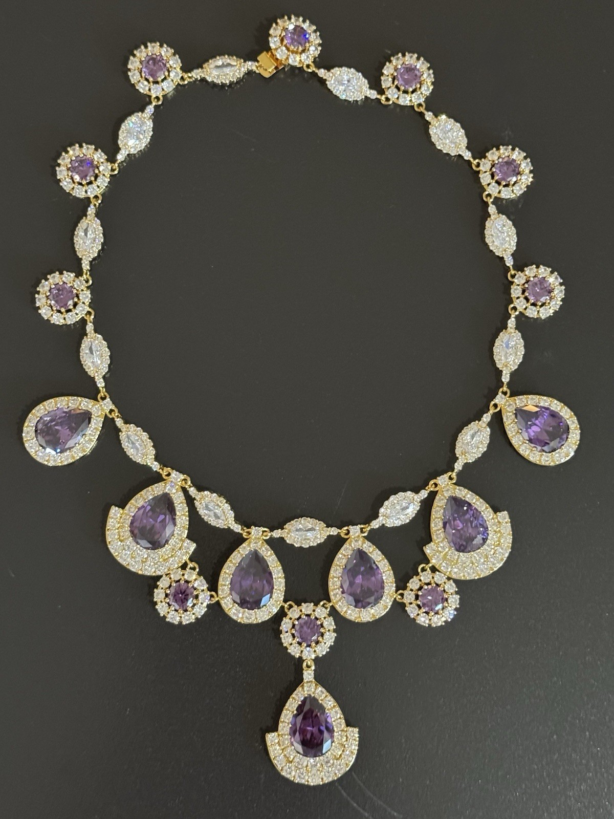 Ciner Signed Purple & Clear Crystal Rhinestone Drop Necklace 1960s