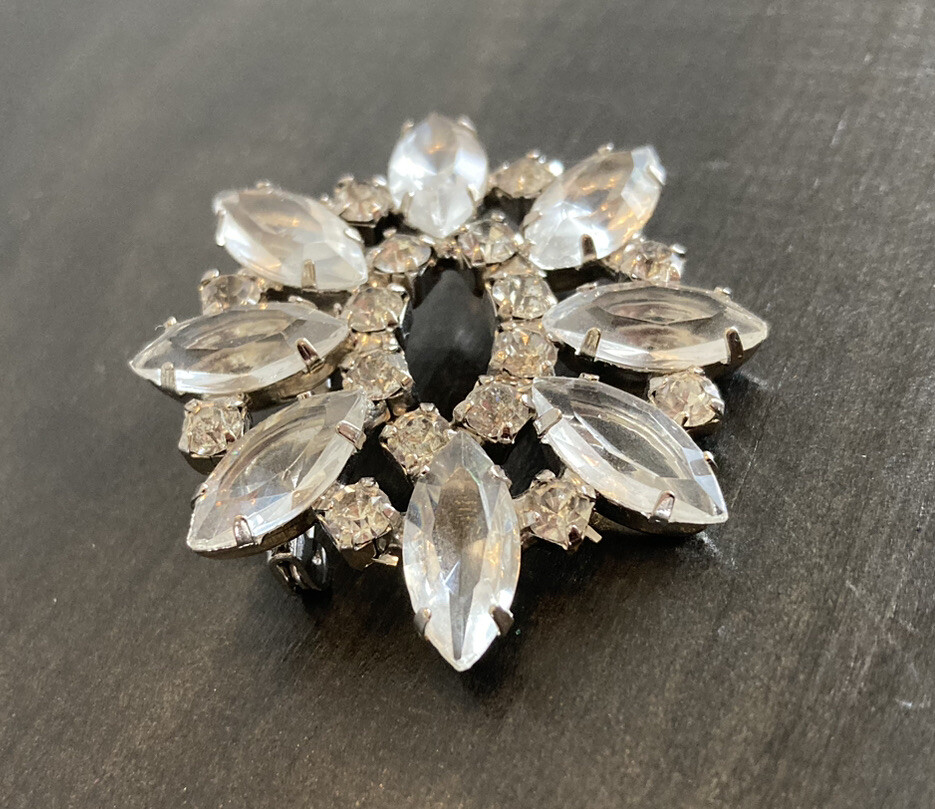 Stunning Clear Open Back Rhinestone Brooch Vintage 1 7/8 Inches x 1 3/4 Inches