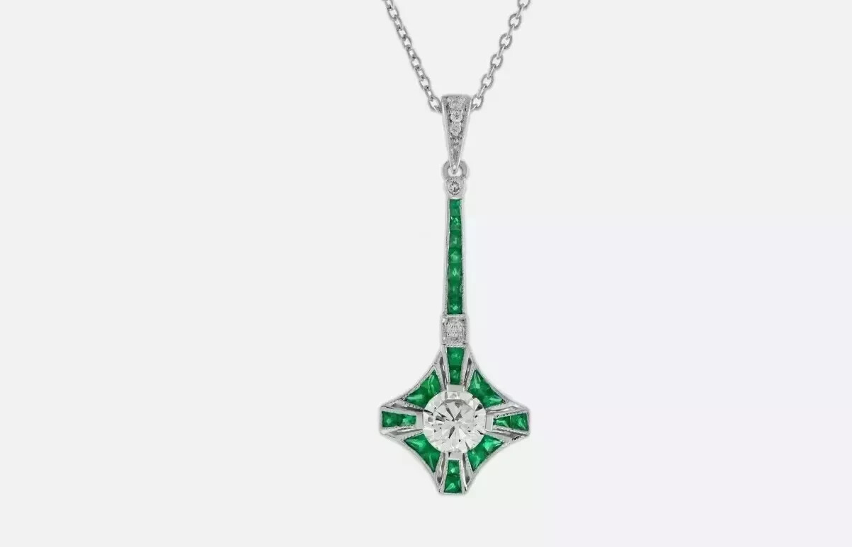 Art Deco Style Round Lab Created Diamond & Emerald Pendant 14k White Gold Finish