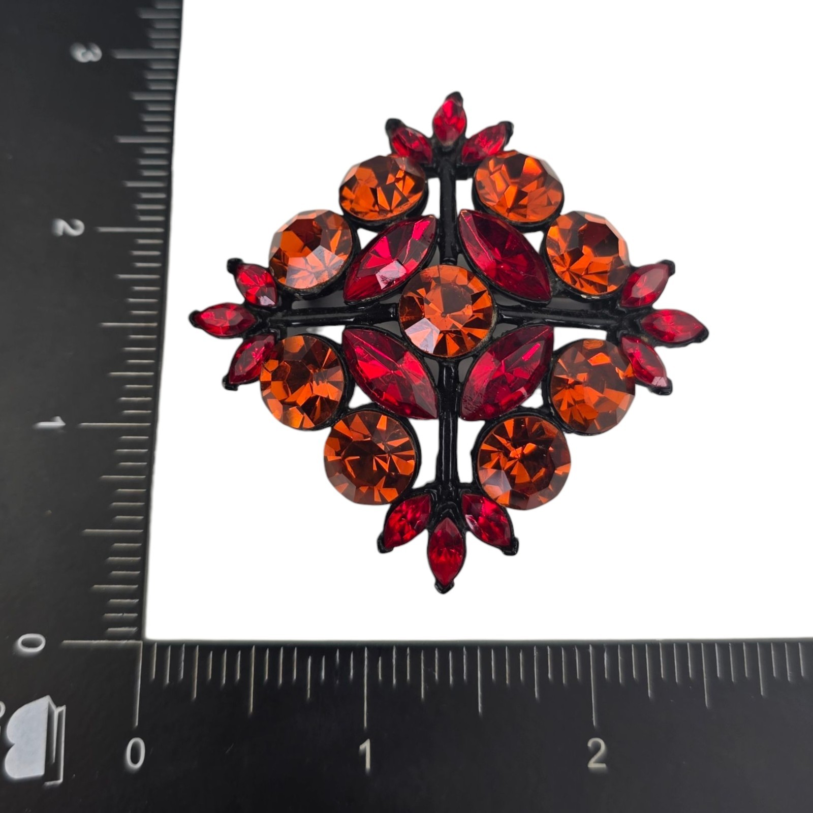 Vintage Midcentury Edlee Signed Red Orange Rhinestone Dome Brooch