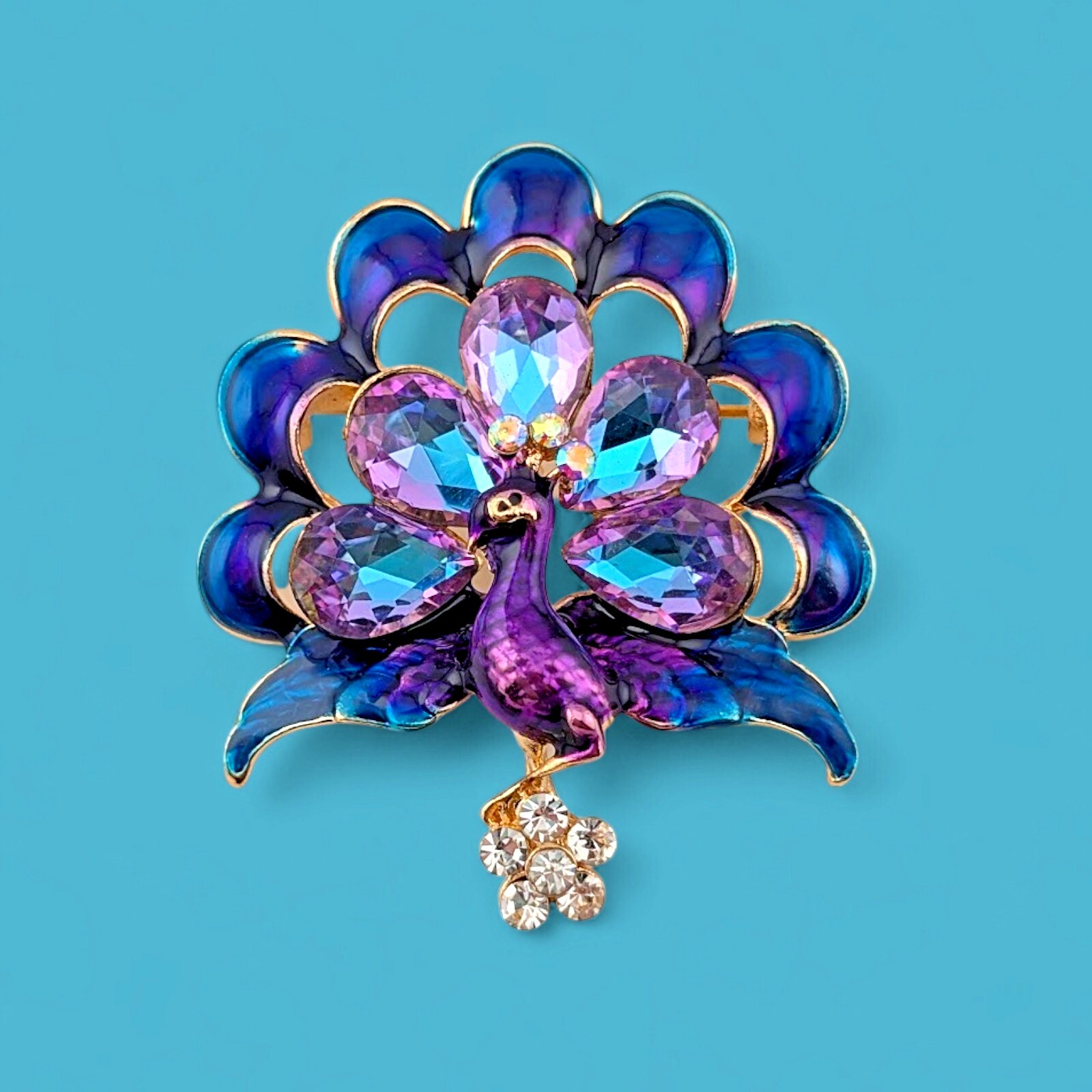 Style Peacock Bird Rhinestone Crystal Cyan Brooch Pin Pendant Flower Jewelry