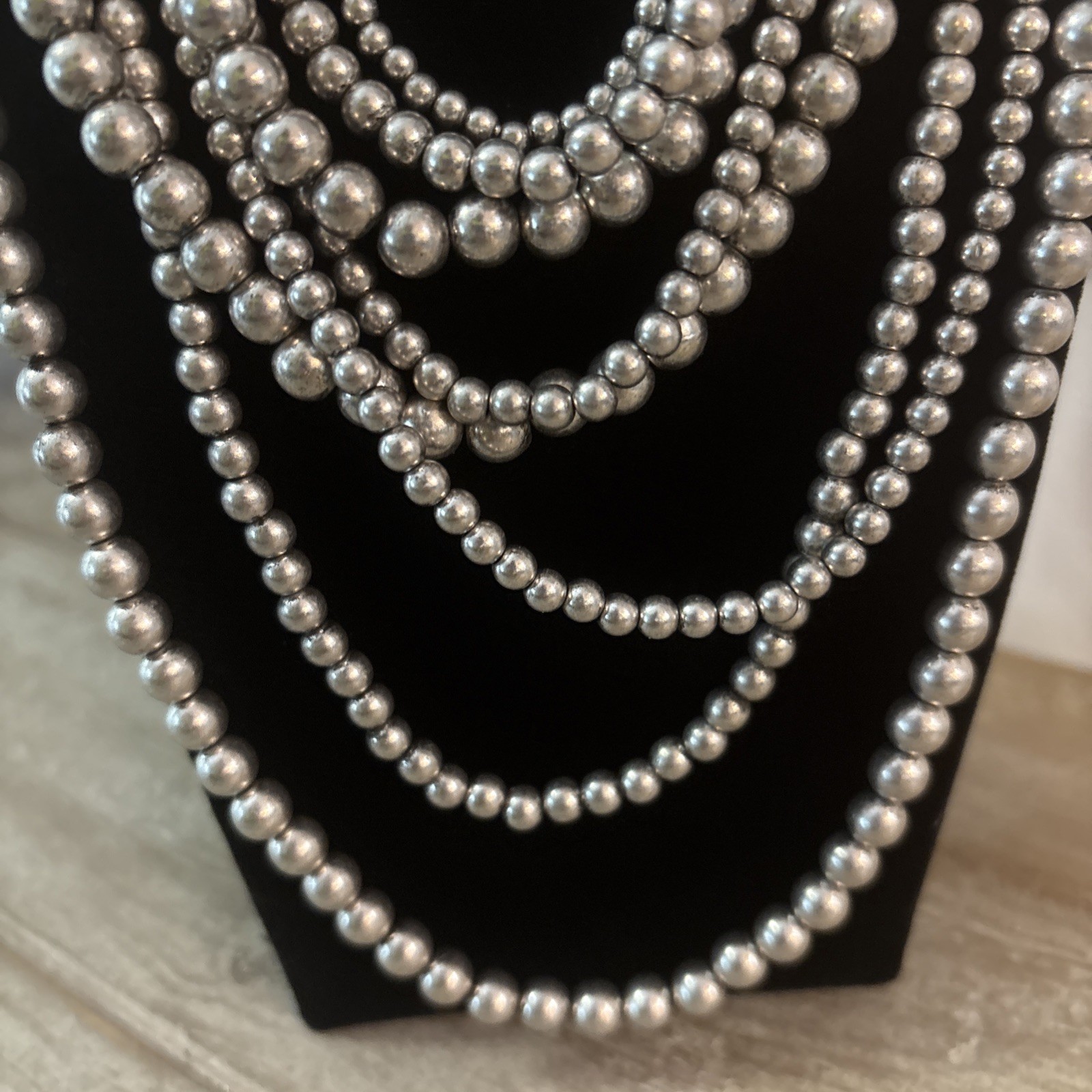 Vintage Gray Silver Layered Multi-Strand Faux Pearl Statement Necklace 17”