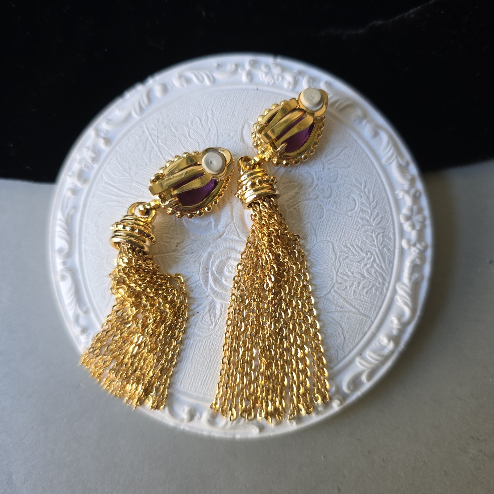 Vintage High End Gold Tone Amethyst Glass Bezel Accents Tassels Earrings Clip on