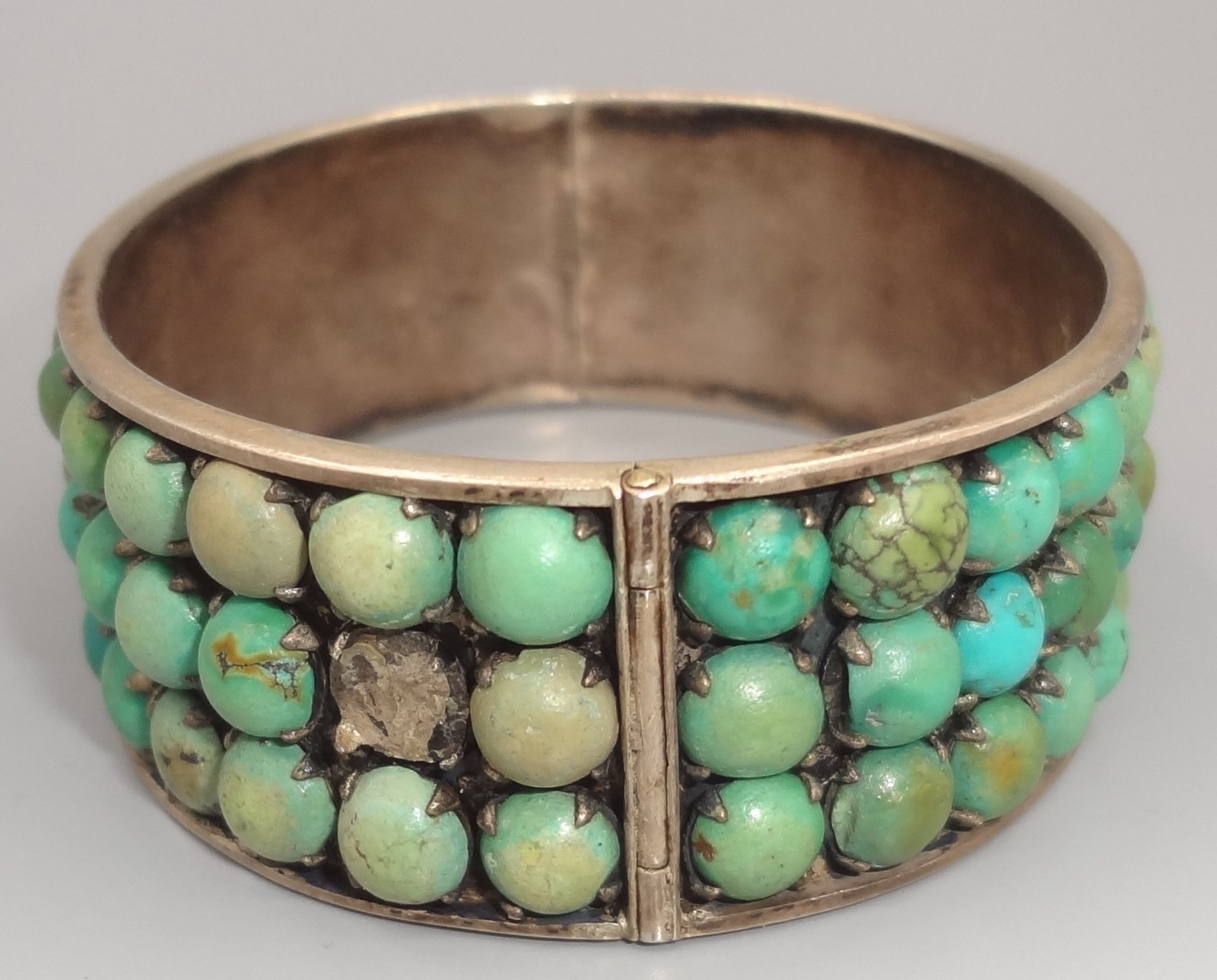 Antique BEE CHINA SILVER Chinese Export 3 Row Turquoise Cuff Bracelet READ