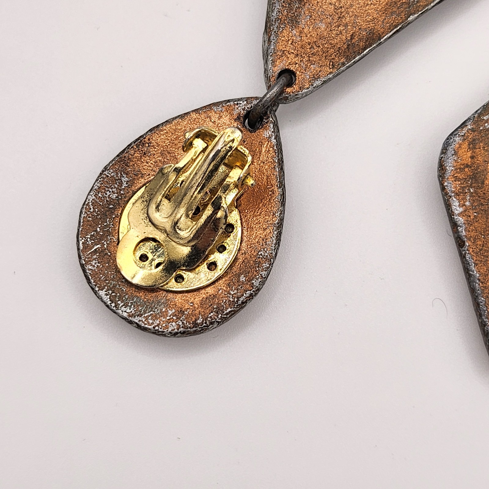 Vintage Copper Tone Brutalist Scrollwork Dangle Clip-On Large Statement Artisan