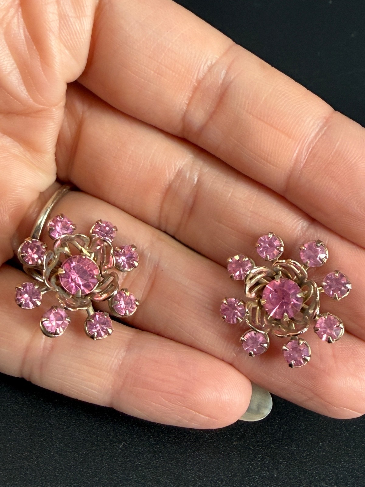 Vintage Flower Rhinestone Screw Back Earrings Lot 50s 60s