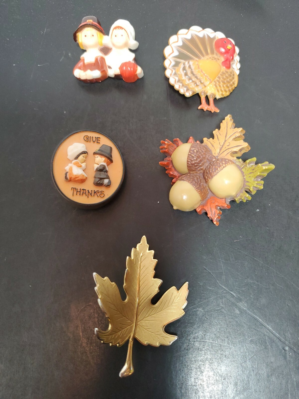 Vintage Fall Thanksgiving Lot of 5 Pins Brooches Pilgrim Turkey Acorns Leaves