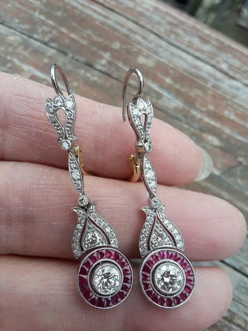 Art Deco Style Lab Created Diamond & Ruby 14K White Gold FN Drop/Dangle Earrings