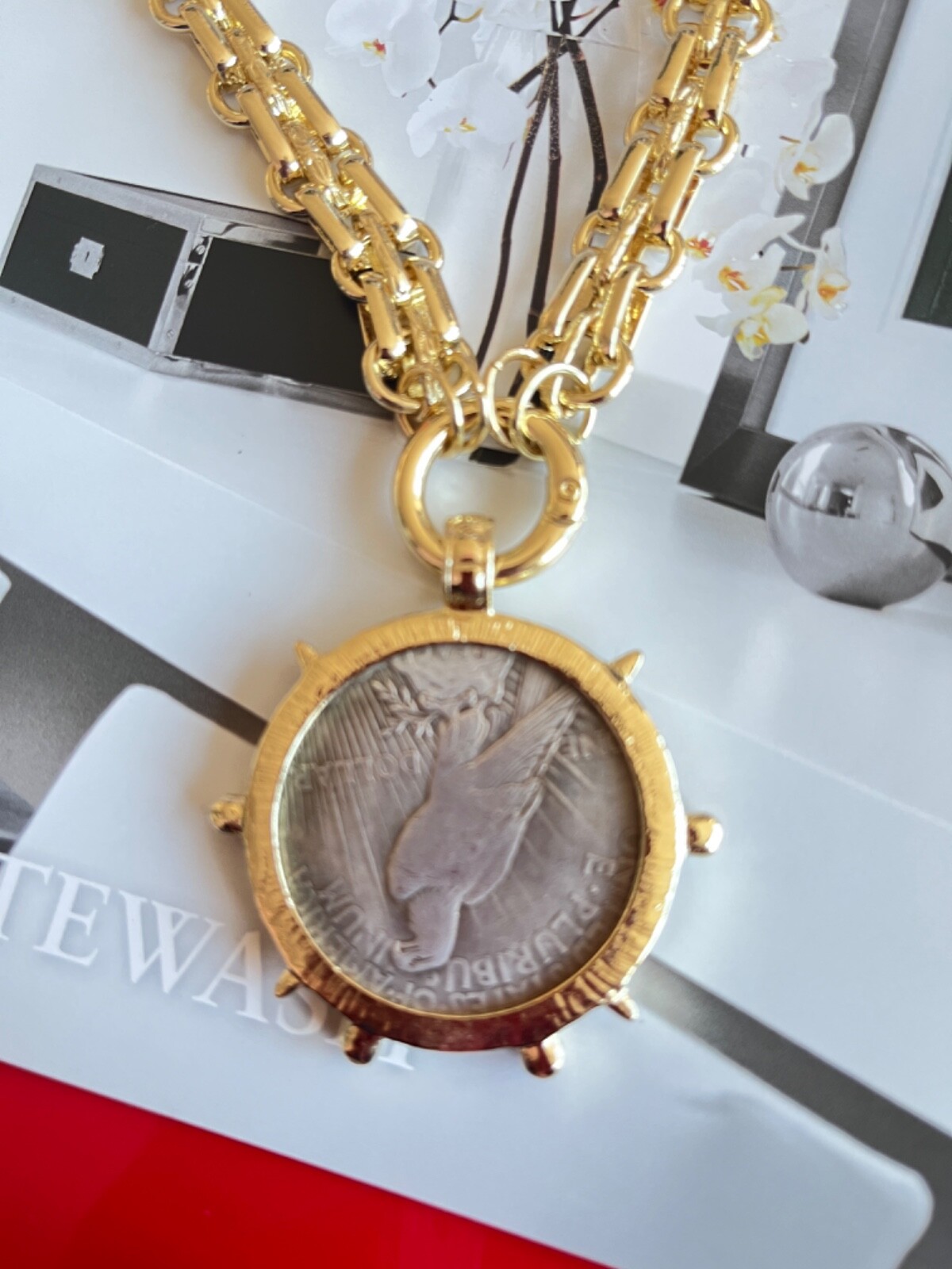 Dual Sided Statement large vintage coin pendant with chunky chain.