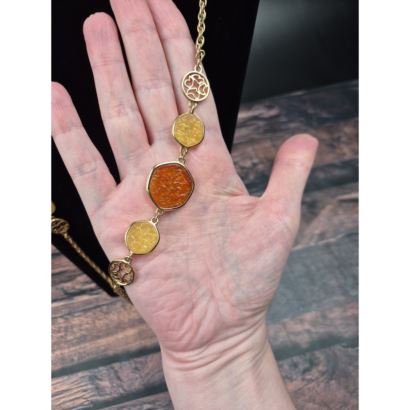 Vtg Sarah Coventry Rope Chain Necklace Gold Tone Yellow Amber Glass Cabochons