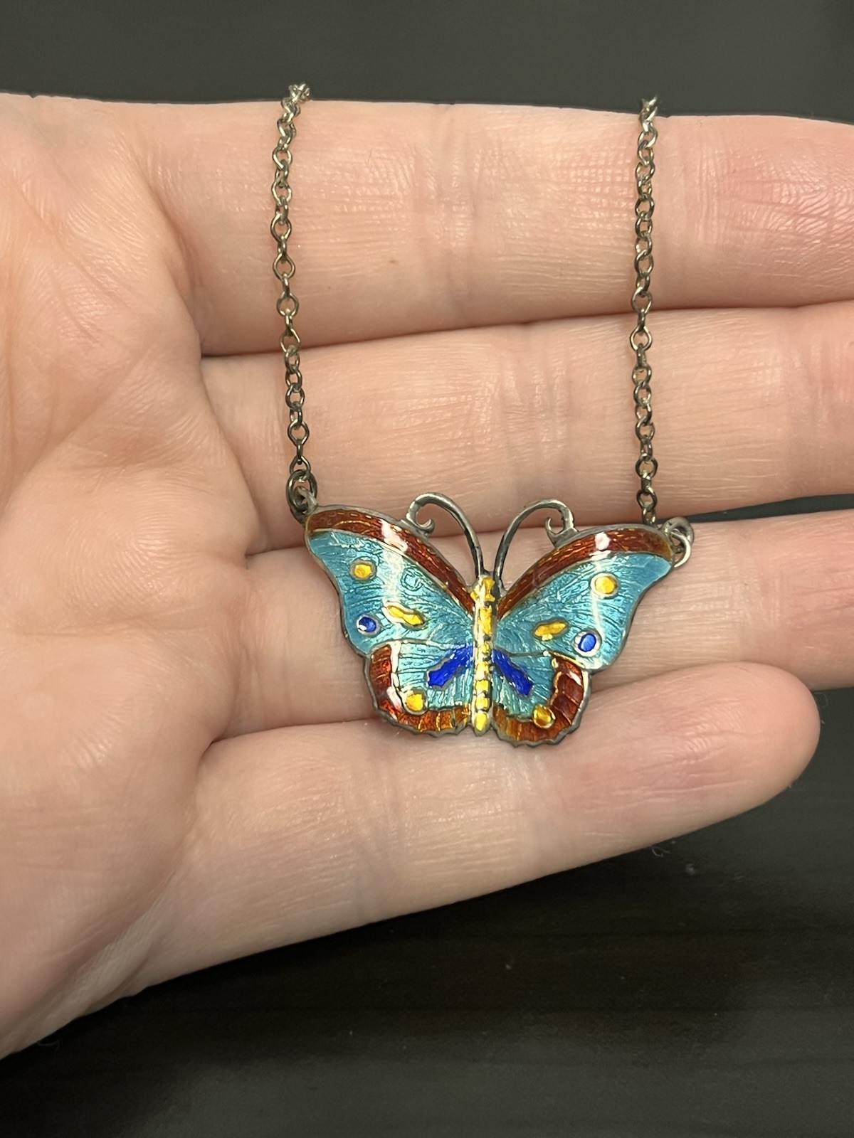 Vintage Sterling Silver Multicolor Enamel Butterfly Pendant Necklace Nice!