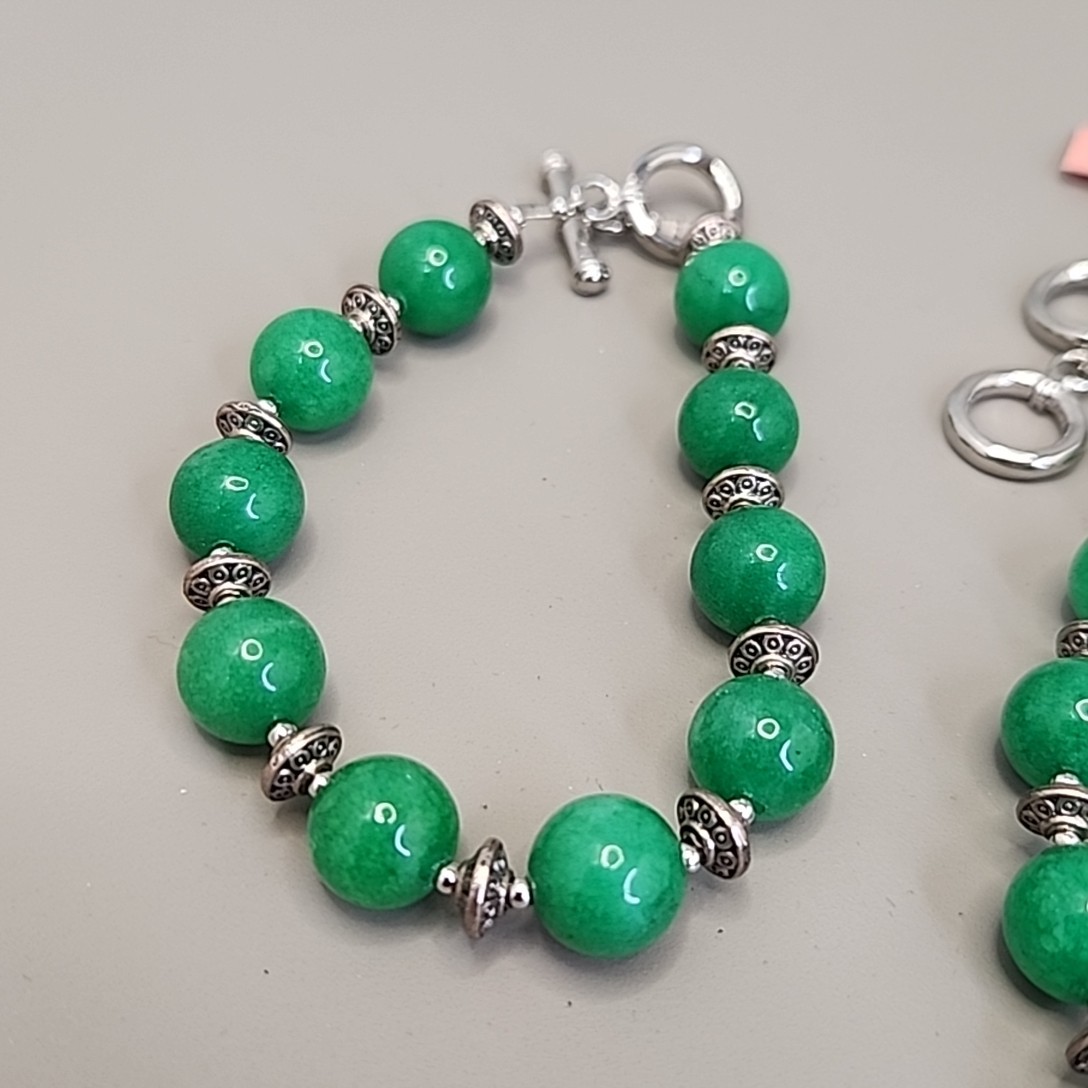 Jade Beaded Necklace Bracelet Set Green Stone Stainless Steel JTV 20″