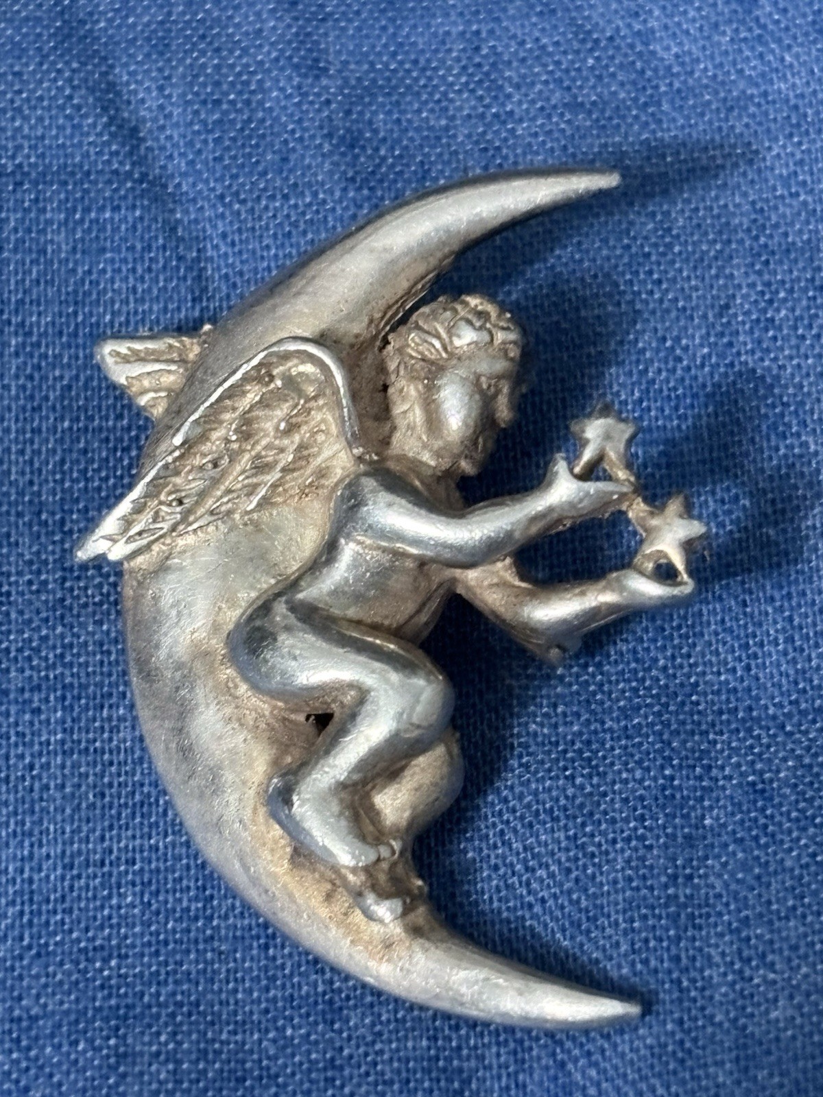 Vintage Sterling Silver Brooch Pendant Cherub Crescent Moon Celestial 8g 1.5”
