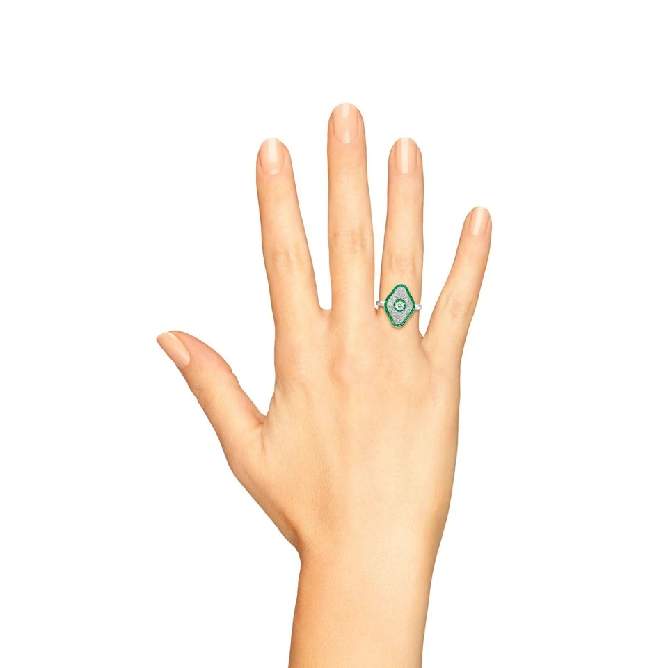 Art Deco Style Lab Created Diamond & Emerald Engagement 14K White Gold FN Ring