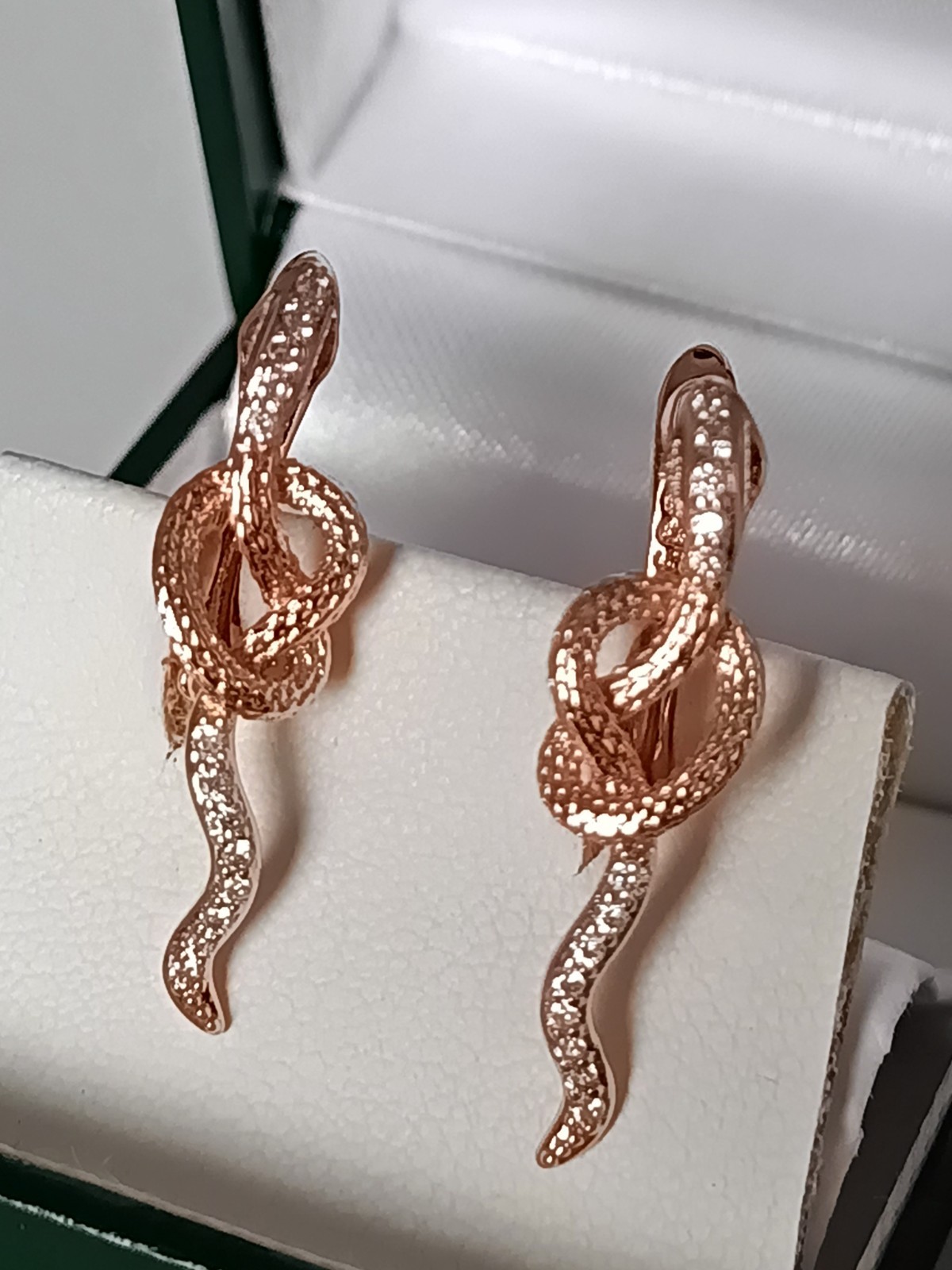 Vintage 1990-s 14 Ct Rolled Gold Zircons Snake Earrings-Hallmarked 585 RG