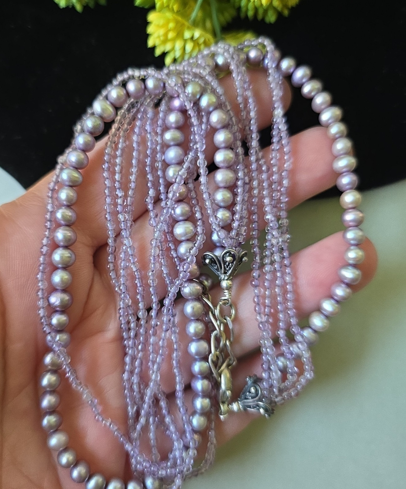 Vintage Sterling Silver Purple Dyed Freshwater Pearls Amethyst Necklace 18″ L