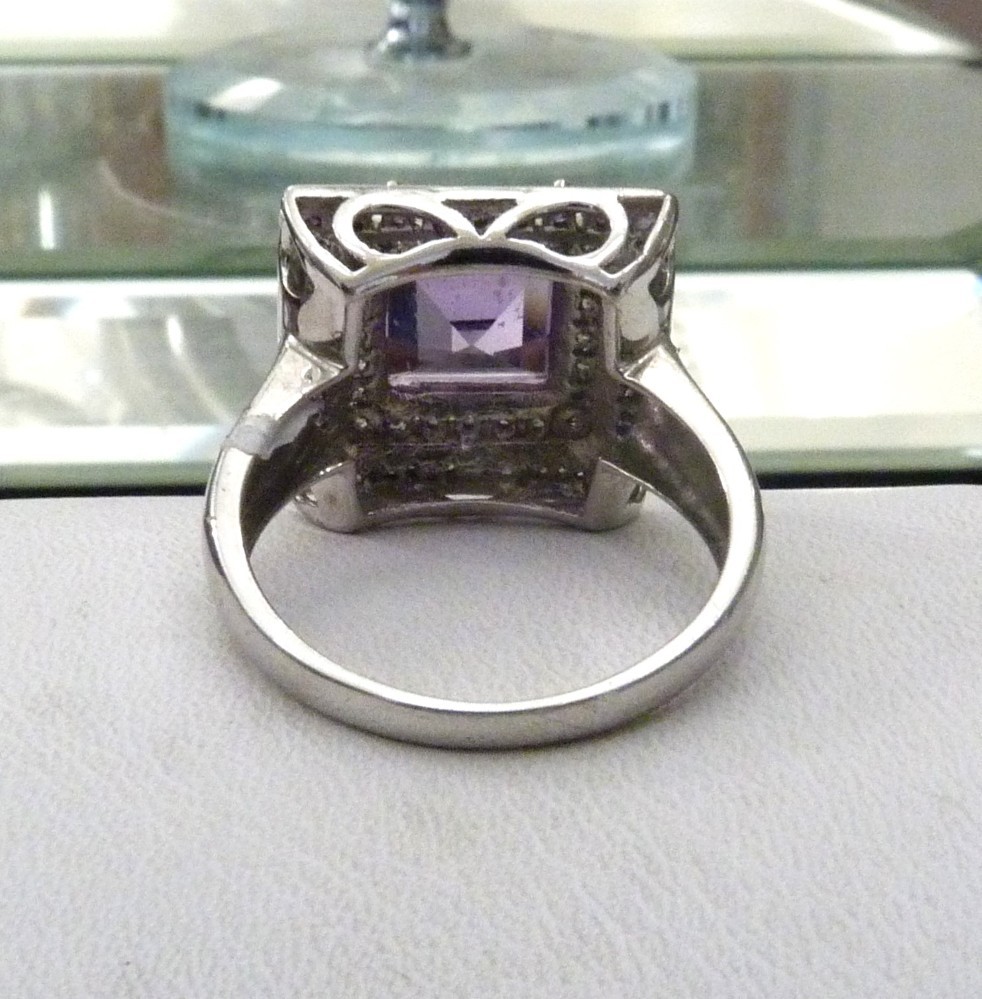 DESIGNER TC 5.62 ASSCHER AMETHYST HALO WHITE ZIRCON STERLING SILVER RING SZ 10