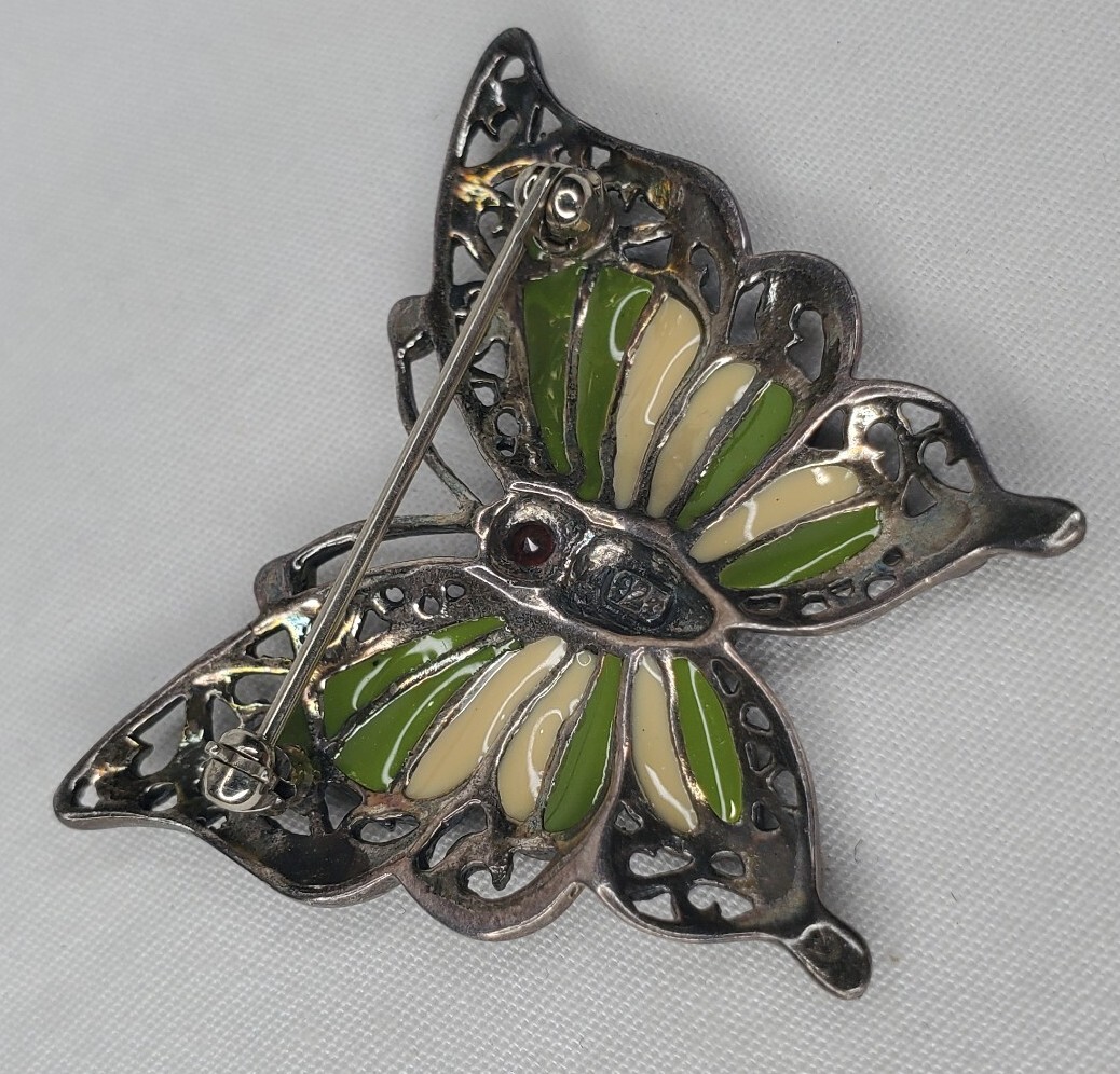 Vintage Sterling Silver Butterfly Brooch Green Yellow Enamel Wings Figural Pin