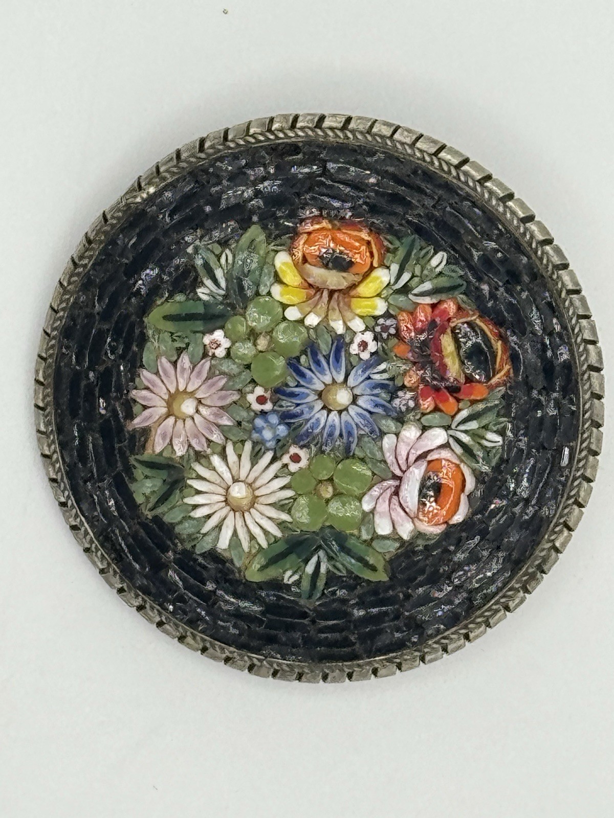 Vintage Micro Mosaic Glass Tiles Floral Round Brooch Pin Italy Signed
