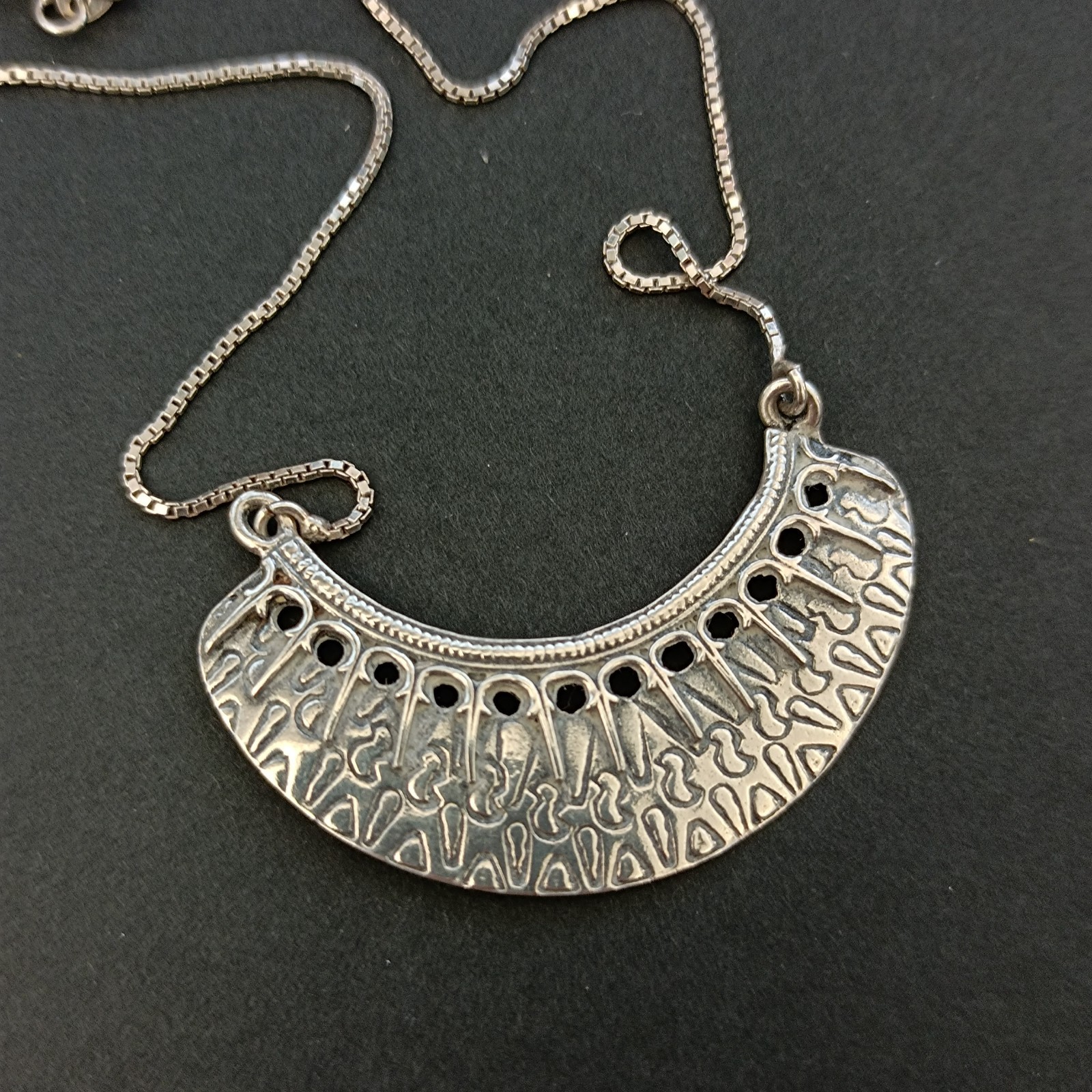 Vintage Sterling Silver Moon Crescent Necklace Ethnic Folk Inspired Engraved Bib