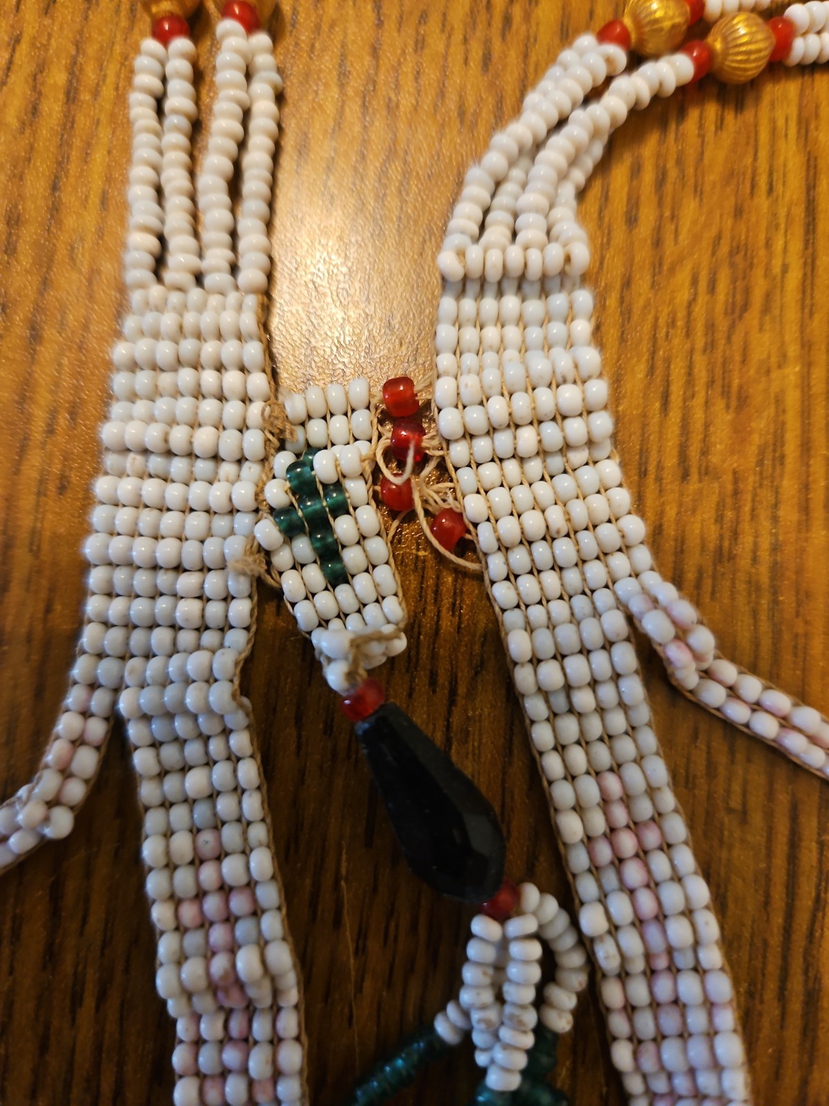 Vintage Multicolor Glass and Stone Bead Necklace Green, White, Red, Gold Beads