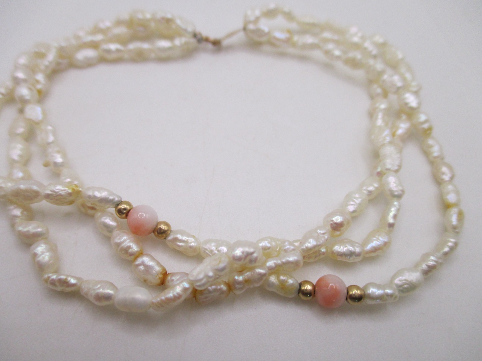 14k yellow gold bead & clasp freshwater pearl & pink coral 7″ 3 strand bracelet